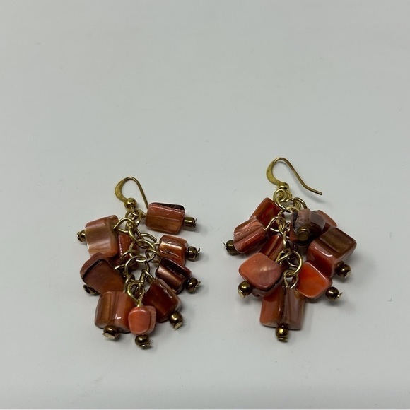 Orange and Red Beaded Cluster Earrings Gold Tone Fish Hook Design Genuine Shell - Picture 3 of 5